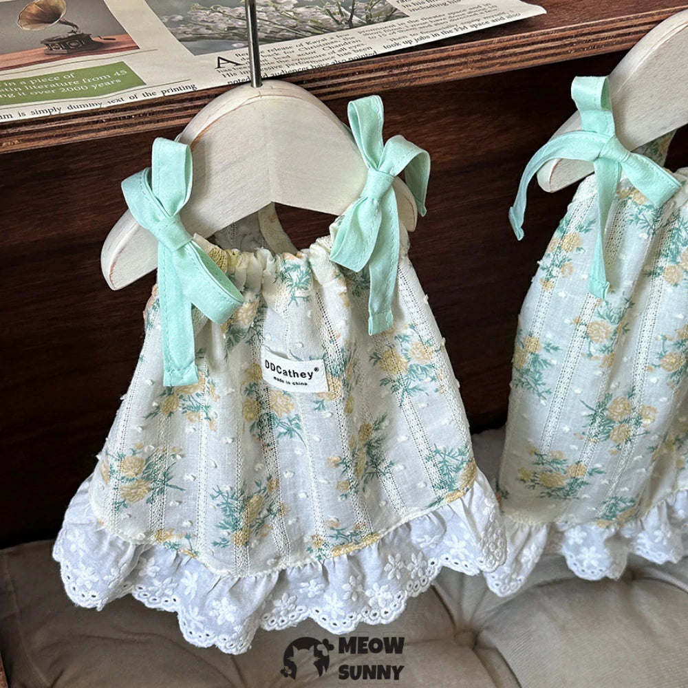 Summer cool embroidered floral print spaghetti strap vest with bowknot for small dogs.