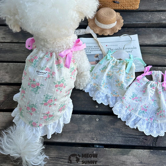 Summer cool embroidered floral print spaghetti strap vest with bowknot for small dogs.