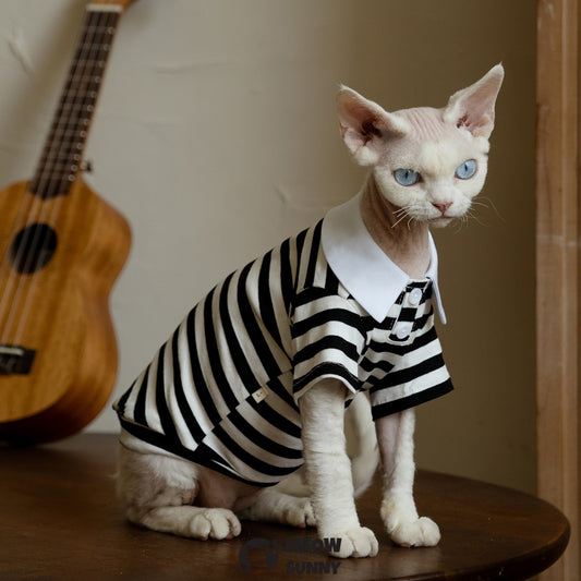 Super Soft Sphynx Cat Shirt black white striped Kitten Polo T-Shirt