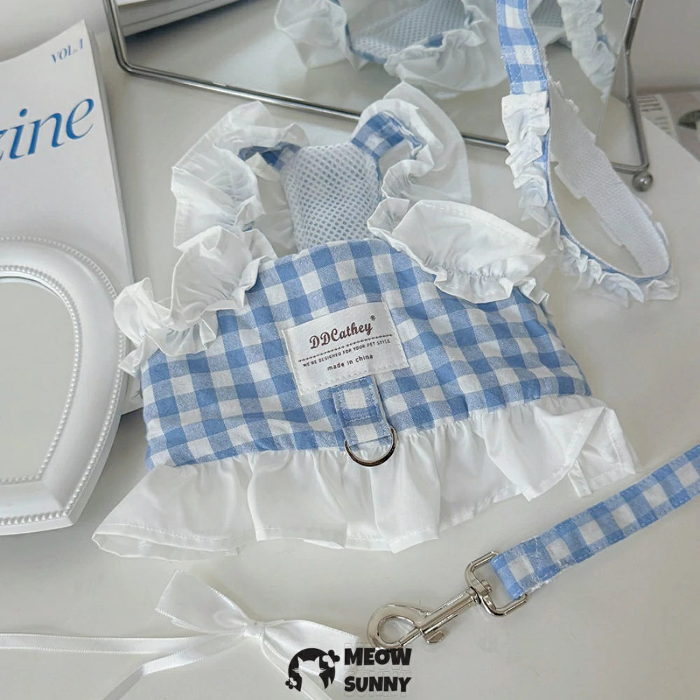 Sweet light blue checkered pet vest and leash set for small dogs.