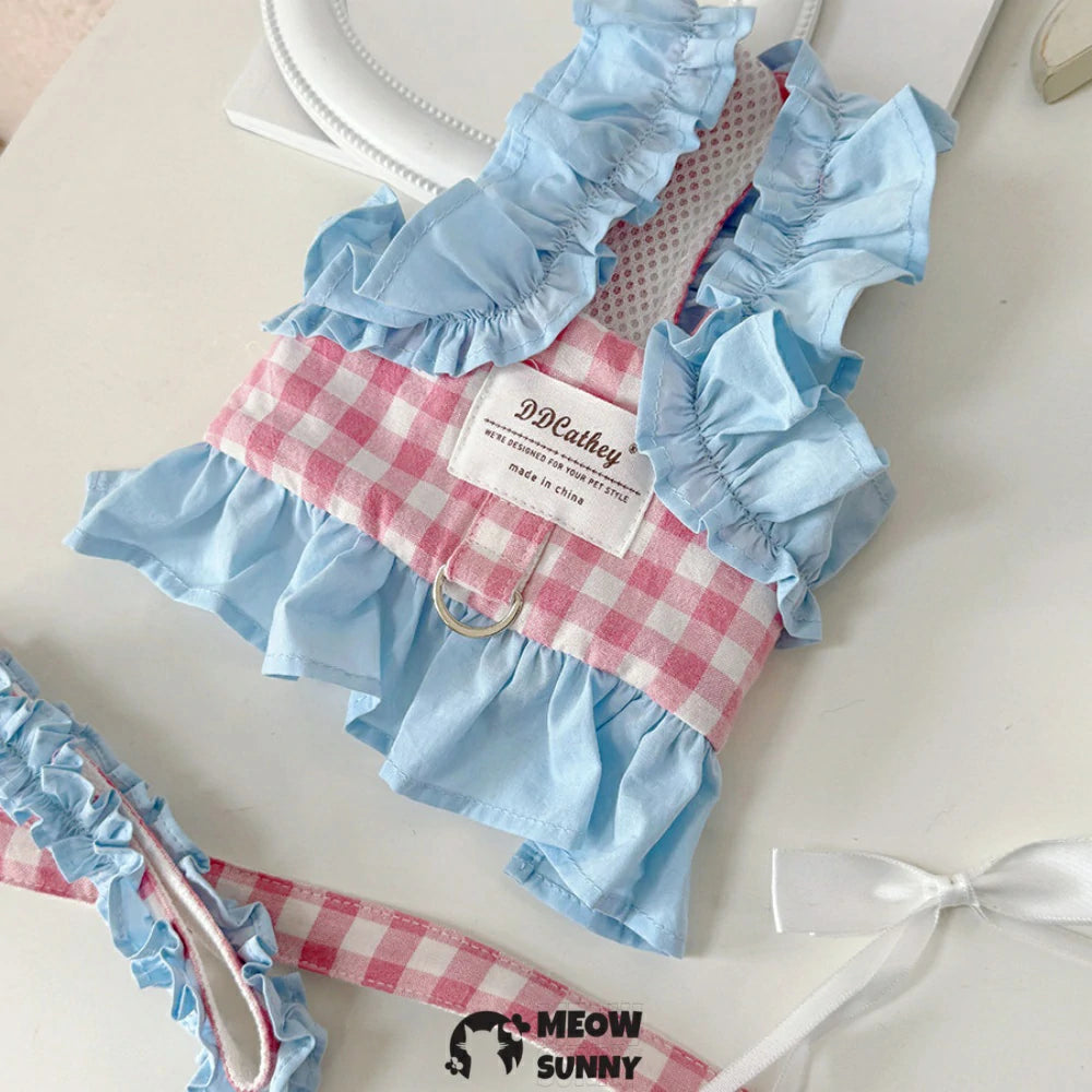 Sweet light blue checkered pet vest and leash set for small dogs.
