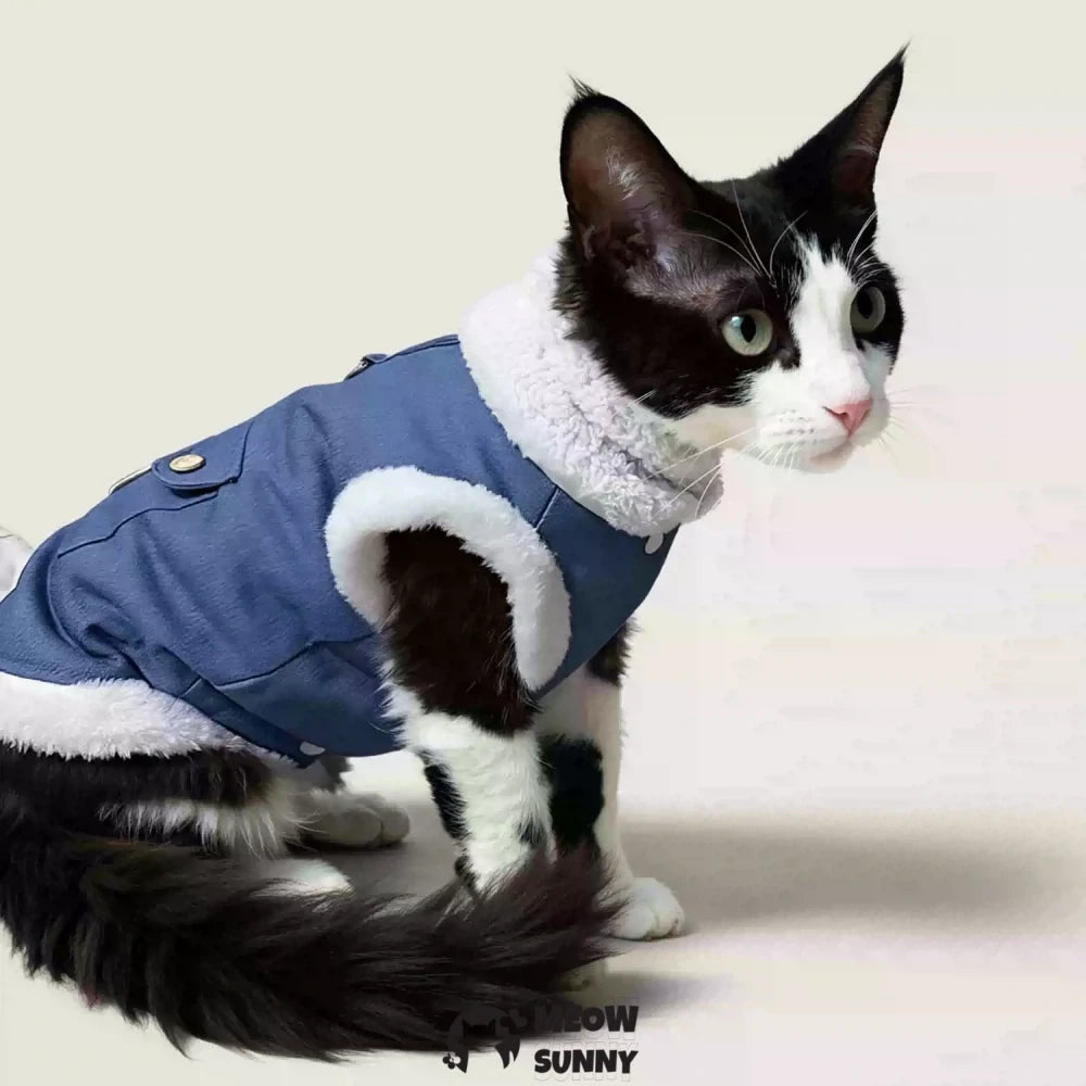Thickened denim cat coat with bear pattern and leash attachment.