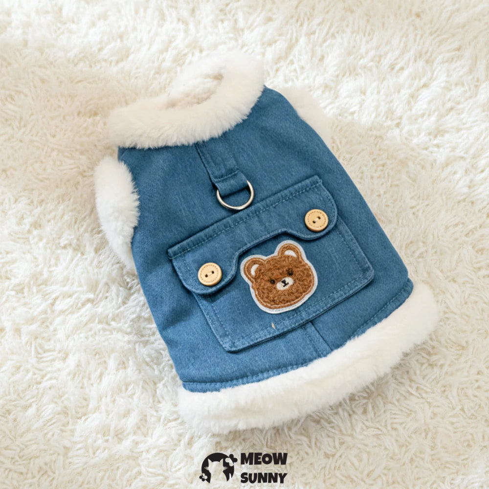 Thickened denim cat coat with bear pattern and leash attachment.