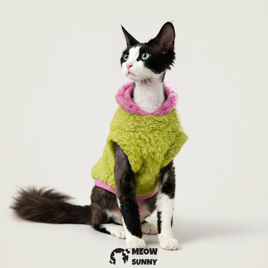 Thickened purple and green patchwork plush doll hoodie for kittens.