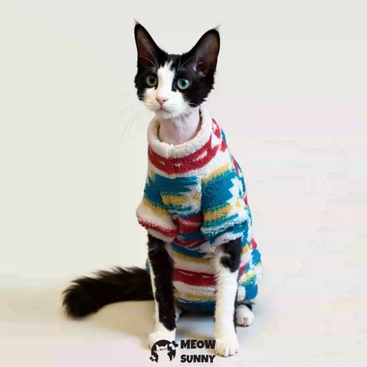 Thickened winter fleece base layer shirt for hairless cats, with colorful stretchy printed design.
