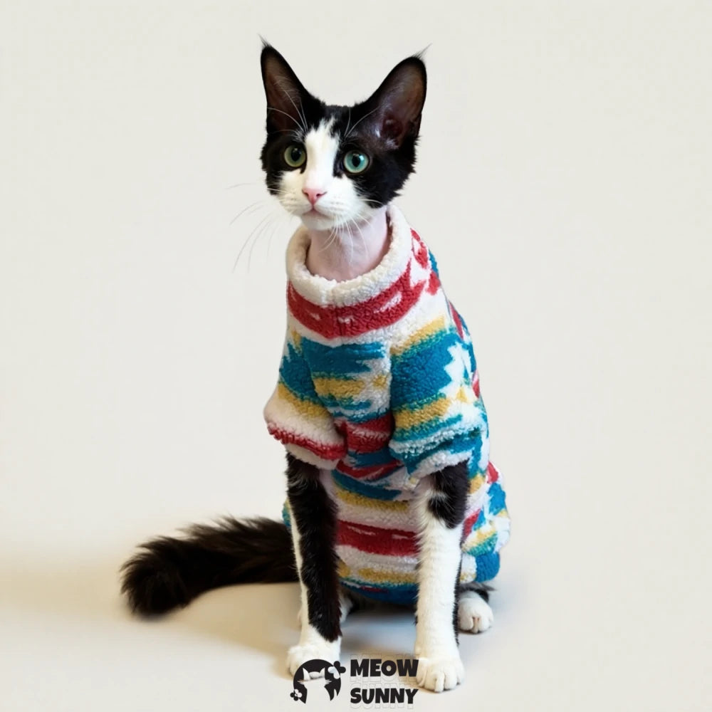 Thickened winter fleece base layer shirt for hairless cats, with colorful stretchy printed design.