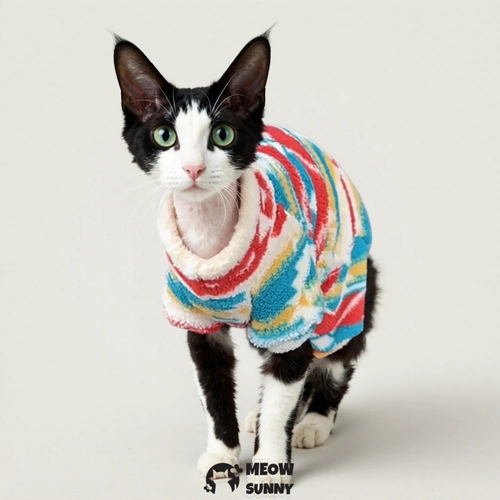 Thickened winter fleece base layer shirt for hairless cats, with colorful stretchy printed design.