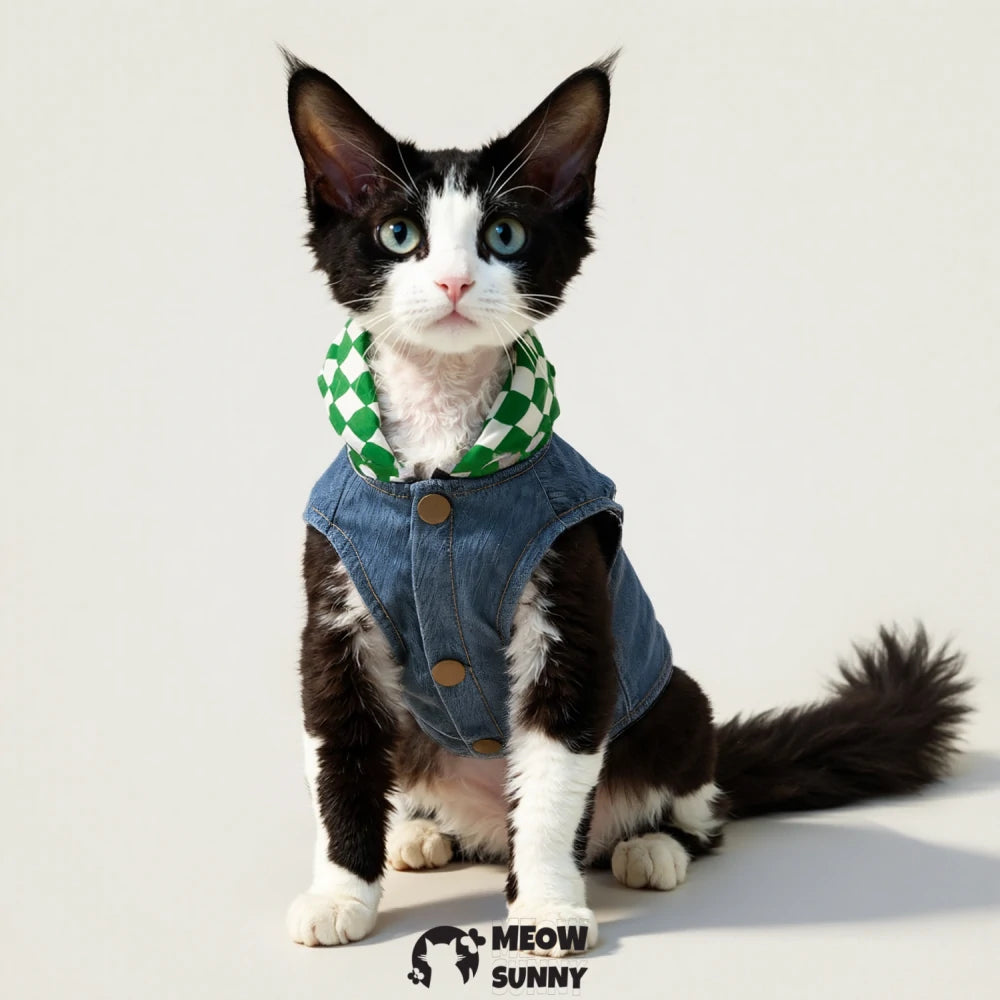 Winter warm and anti-shedding plaid hooded vest, cute cat clothes.