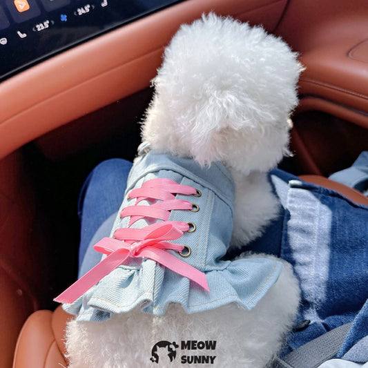 Summer Dog Princess Denim Dress with Pink Tie