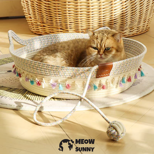Woven cotton colorful patterned cat bed with toy balls