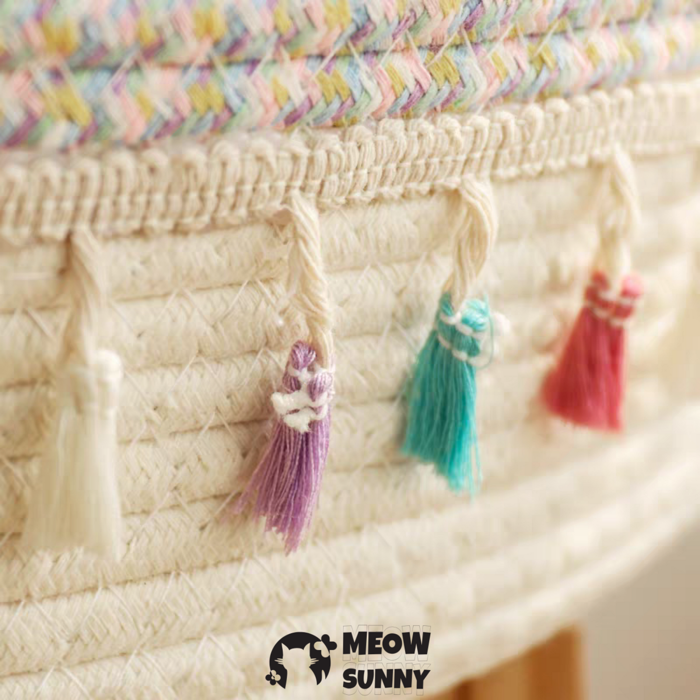 Woven cotton colorful patterned cat bed with toy balls