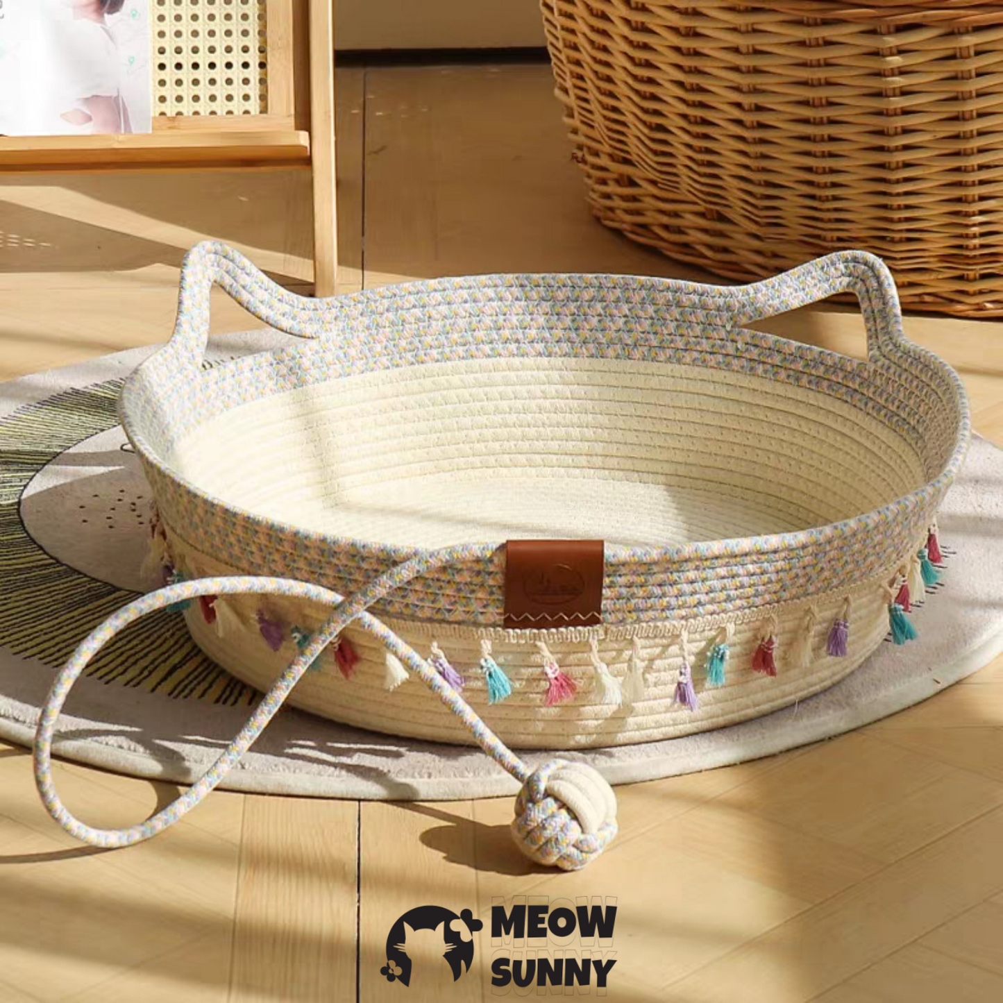 Woven cotton colorful patterned cat bed with toy balls